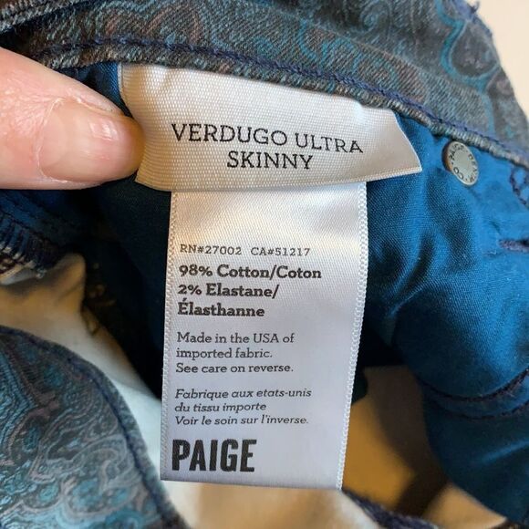 PAIGE Women’s Verdugo Ultra Skinny Paisley Print Denim Jeans Blue/Brown Size 27 - Picture 12 of 12